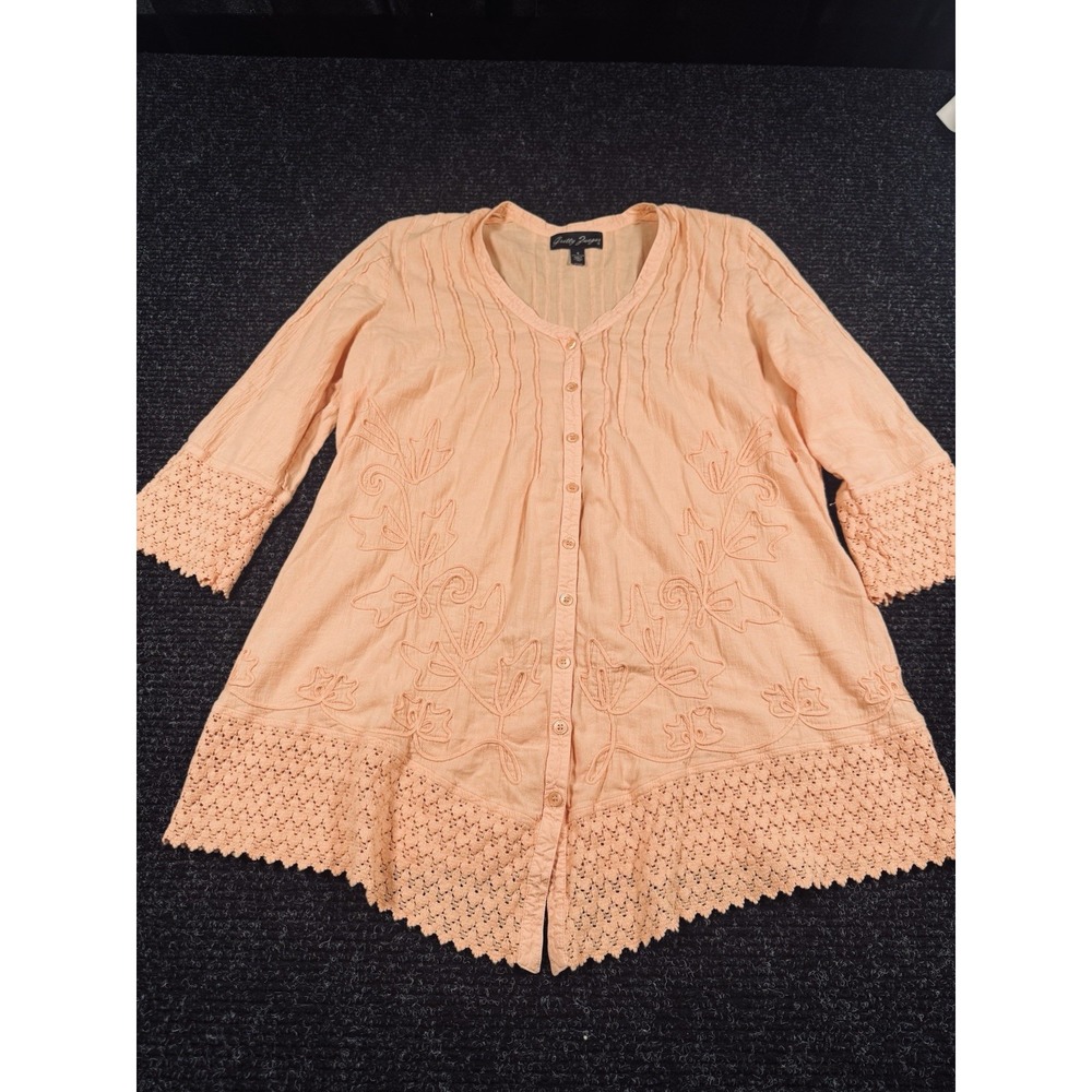 Gretty Zueger Tunic Womens S 100% Cotton Embroidered Crochet Boho Peru Peach